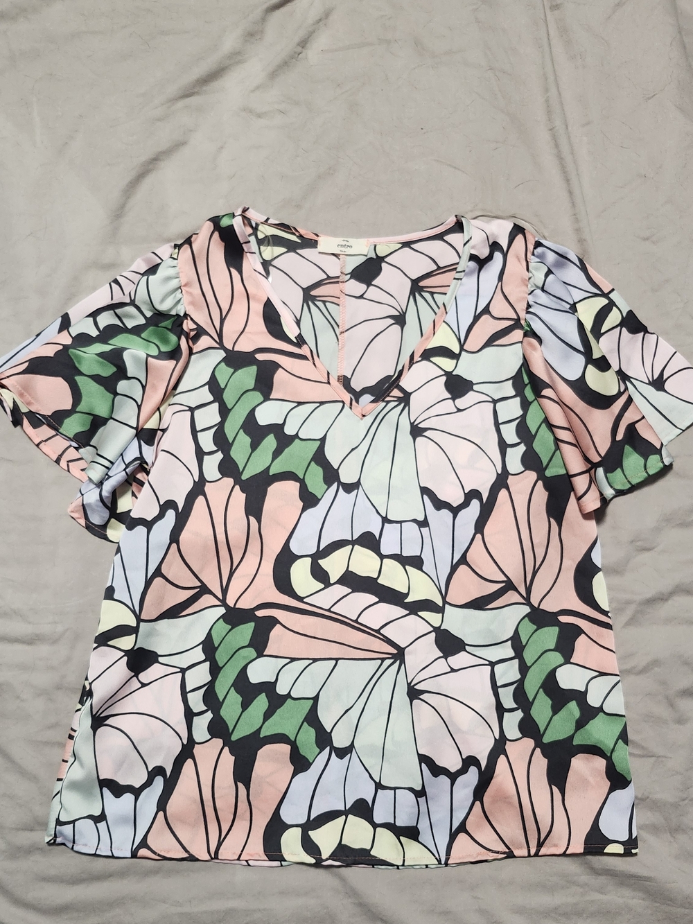 entro Pastel Butterfly V-Neck Blouse - Pink, Green, Light Blue